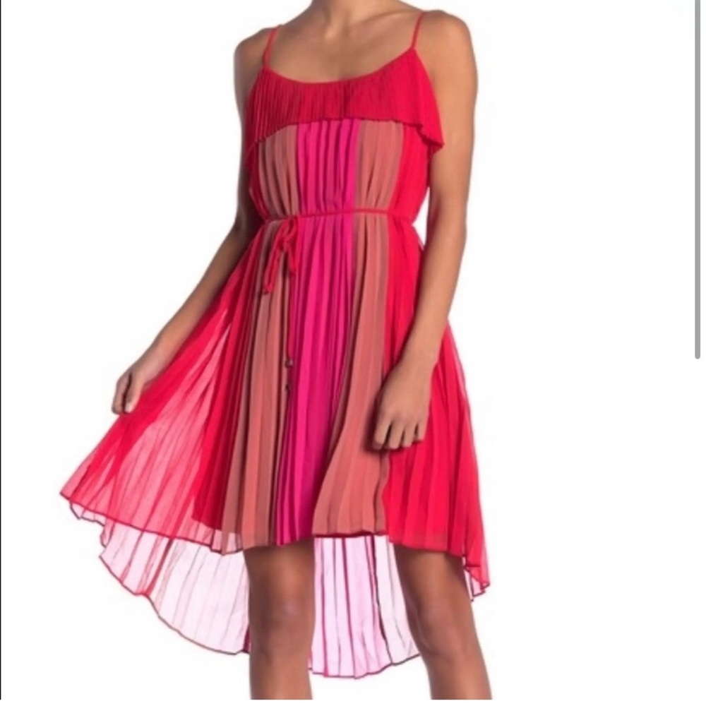 Adelyn Rae Pleated Ombre Colorblock High-Low Chiffon Midi Dress (M)